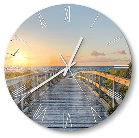 DEQORI Glasuhr | rund Ø 30 cm | Motiv Dünenweg zum Meer | ausgefallene leise Design Uhr aus Glas | Wanduhr für Wohnzimmer & Küche | moderne Hingucker Uhr für die Wand