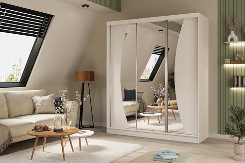 ALTDECOR Kleiderschrank mit Spiegel und Schiebetüren, kugelgelagerte Führungsschienen und Aluminium-Leisten - VOXI - 180 cm Weiß