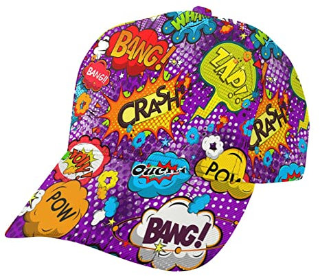 Hut, Comic-Sprechblasen, Baseballkappe, Bang Paw Ouch Zap Wham, nahtloses Muster, Rot, Gelb, Grün, Lila, verstellbare Snapback-Hüte, Ballhut, Sportkappen für Männer und Frauen, modisch