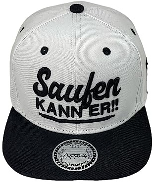 Outfitfabrik Snapback Cap Saufen kann er in weiß, schwarzer Schirm, 3D-Stick in schwarz, für Männer und Frauen, One Size, verstellbar