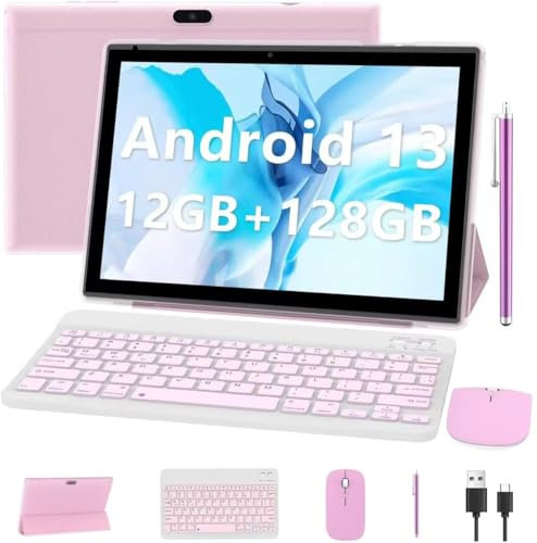Android 15 Tablet 10 Inch, 18GB RAM+128GB ROM/2TB Expandable, 2 in 1 Tablets with Keyboard Case Mouse Stylus, 2.0GHz Quad-core Processor, 1280*800 IPS HD Screen, 5G WiFi6 BT 5.0, 8MP Camera Tableta PC