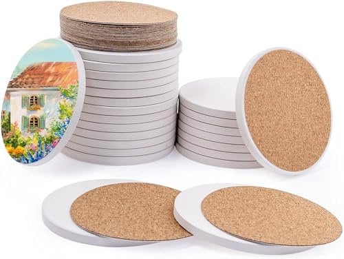 24 Sets Ceramic Tile for Crafts Coasters, 4 Inch Unglazed Round Ceramic Coasters with 24 Pcs Cork Backing Pads, Blank Drink Cup Mat for DIY Arts Craft Project Coasters