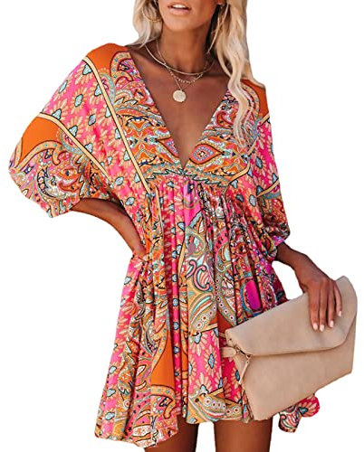 HEYPORK Damen Frühling Sommer Casual Mode Bequem Kleider Elegant Rock Frauen Ethnischer Druck V-Ausschnitt Langarm Taille Freizeitkleid(H Rot, M)