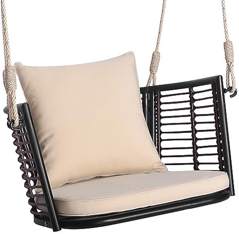COSTWAY Hanging Rattan Swing Chair, Metal Frame Patio Hammock Chair with Seat & Back Cushion, Wicker Rope Swing Seat for Indoor Outdoor