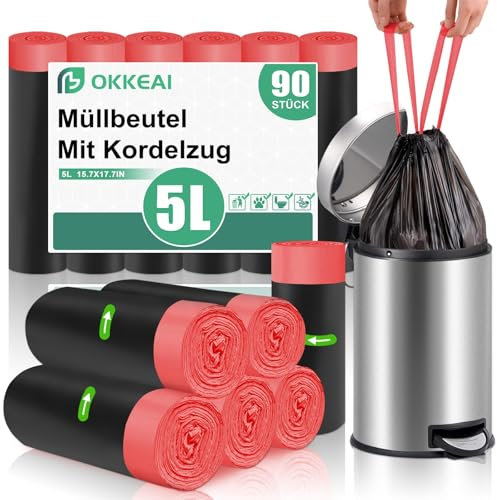 OKKEAI Bolsas de basura de 5 l, color negro, pequeñas bolsas de basura con cordón, adecuadas para baño, inodoro, 90 unidades