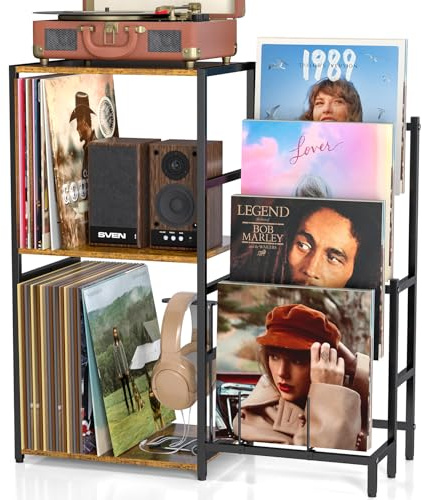 Plattenspielerständer, Plattenspielerständer mit 4-stöckiger Vinyl-Schallplattenaufbewahrung, Plattenspielertisch Aufbewahrung bis zu 200+ Alben, Plattenspielerschrank mit Vinyl-Displayhalter-Regal