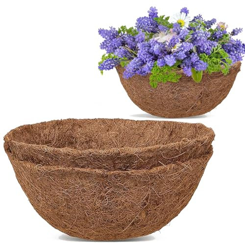 GOTVUGE 2 Packs Round Coco Coir Liner 10 Inch, Natural Coconut Fiber for Indoor and Outdoor Garden Hanging Basket Liners in Window Boxes