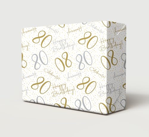 Geschenkpapier zum 80. Geburtstag, zum 80. Geburtstag, Feiern, Hooray, Weiß, Gold, Silber, Unisex, Geschenkpapier, Alter 80. Geburtstag, männlich, weiblich, Geschenkpapier (PA)