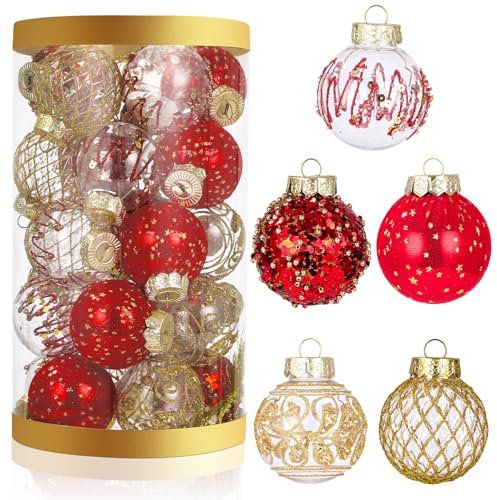 Bixury Weihnachtskugeln Rot Gold Set,25 Stück 6 cm Christbaumkugeln Kunststoff Set Weihnachtsbaum Kugeln Funkelndem Weihnachtsbaumschmuck Weihnachtsbaum Deko Set für Weihnachten Festival Party