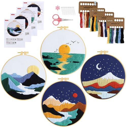 UXORSN 4 Sets Stickset für Anfänger Landschafts Stickerei Set mit Berg Sonne Mond Muster Sticken Set für Erwachsene Embroidery Starter Kit Kreuzstich Kit mit Stickrahmen Stoffnadeln Fäden Anleitung