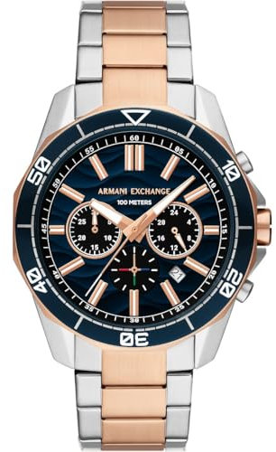 Armani Exchange Orologio da uomo, Movimento cronografo al quarzo e cassa da 44 mm con cinturino in acciaio, Argento e oro rosa