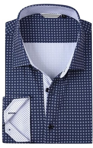 Alex Vando Mens Printed Dress Shirts Long Sleeve Regular Fit Fashion Shirt, Navy Dots 68, L