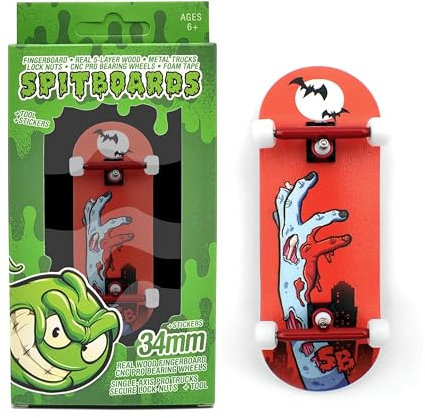 SPITBOARDS 34mm x 96mm Pro Fingerboard Set-Up (Complete) | Real Wood Deck | Pro Trucks with Lock-Nuts and Pro Bushings | Polyurethane Pro Wheels with Bearings | Zombie Hand