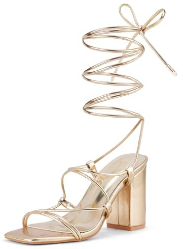 GENSHUO Sandali con Tacco Grosso e Cinturino da Donna, Punta Quadrata Aperta, Tacco Allacciato da 8 cm, Cinturino alla Caviglia e Tacchi Larghi, oro, EU 39