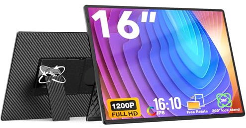 FLYTOCCA Monitor portátil, 16 pulgadas, 1200P FHD, horizontal y vertical con soporte, Plug & Play, altavoces integrados, marco cero ultrafino, monitor de viaje para laptop con funda inteligente de