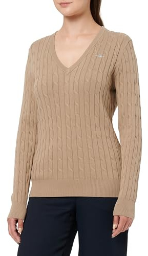 GANT Stretch Cotton Cable V-Neck, Taupe Beige, L