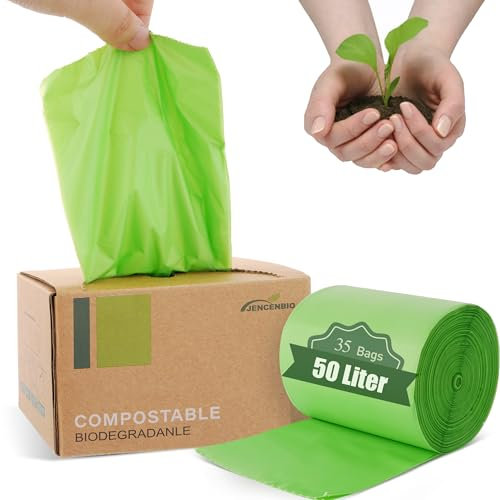 JENCENBIO Sacs poubelle compostables, 50 litres, extra épais, 28 microns, sacs à déchets alimentaires certifiés US BPI ASTM D6400 et Europe OK compost Home