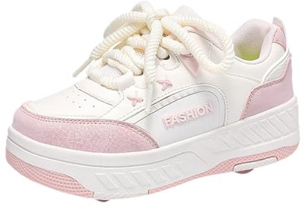 Surwin Schuhe mit Rollen Kinder Mädchen Jungen, Turnschuhe mit 4 Rollen Rollschuhe Schuhe Schnüren Design Skateboardschuhe Roller Skate Shoes Rollschuhe Sneaker für Sport (Rosa,33)
