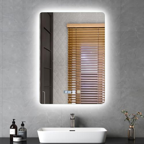 wowspeed Bathroom Mirror with LED Light, Square 50 * 70cm 3 Colors Dimmable Wall Mounted Multifunction Smart Bathroom Mirror with LED Light, Anti-Fog, 120° Beam Angle (Square)