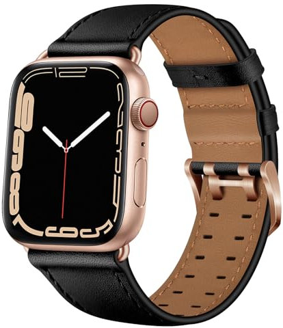 Compatibile con Apple Watch Band 49 mm, 46 mm, 45 mm, 44 mm, 42 mm, 41 mm, 40 mm, 38 mm, cinturino in vera pelle con fibbia sicura a doppio perno per iWatch Ultra Series 10 9 8 7 6 5 4 3 2 1 SE (nero