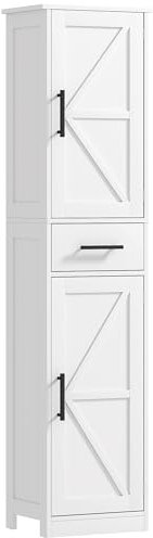 HOMCOM Armario Alto de Baño Estrecho con 2 Puertas 1 Cajón y 2 Estantes Ajustables Columna de Baño Estilo Rústico para Salón Aseo Cocina 40x30x170 cm Blanco