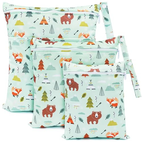 FenFang Windeltasche Nasstaschen, 3 Stück Wetbag Stoffwindeln Organiser Taschen, Beutel Wickeltasche Nasssack Wäschebeutel Kindergarten Naßtasche Nassbeutel Wiederverwendbare Baby (Grüner Bär)