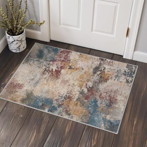 GENIMO Waschbar Fußmatte Teppich 60x90 cm Kurzflor Kleiner Bunt | Waschbarer Modern Abstrakter Teppich,Rutschfest, Kurzflorig, Weich, für Wohnzimmer, Schlafzimmer, Esszimmer,Büro