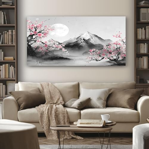 SKOEUI Quadri Moderni Fiore Di Ciliegio A Inchiostro Con Cornice | Quadro su Tela Montagna Giapponese Stampa su Tela Decorazioni da Parete Soggiorno Camera da Letto Corridoio 80x120 cm