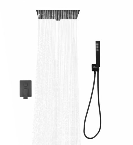 Wand-Duschanlage, Badezimmer-Brausegarnitur, Duschset Schwarz Unterputz mit 40 cm Regendusche und Handbrause, Quadratische Armatur, Brausegarnitur für die Dusche