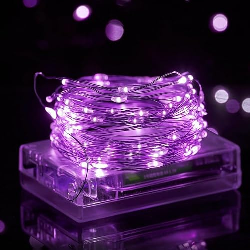 Volunx LED Fairy Lights, Battery Operated Silver Copper Wire String Lights, 1/3/5/10m Length Options for Indoor Outdoor, Christmas, Halloween, Bedroom, Party Decoration (Purple, 5m / 50LED)