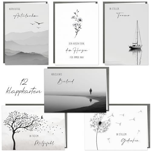 Trauerkarten mit Umschlag 12er Set, Hochwertig Beileidskarten Klappkarten, Trauerkarte Beileidskarte mit Spruch Schreiben, 14.8 * 10.5cm, Innen Blank