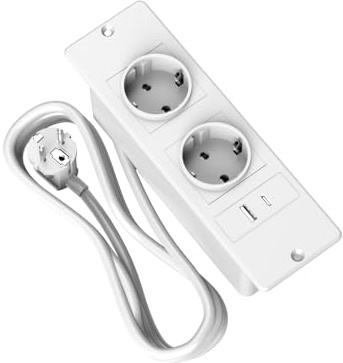 3680w Regleta Empotrable Enchufes, 2 Tomas De AC Y 2 USB(USB & Tipo C) Enchufe Multiple, Regleta Enchufes Proteccion Sobretension, Cable 1.5m con Interruptor para Mesa, Oficia, Casa, Blanco