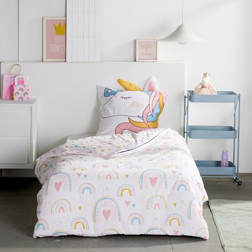 Familando Einhorn Bettwäsche Set 2-teilig – 135x200 & 80x80 cm – Kissenbezug mit Ohren – 100% Baumwolle Renforcé – Hautfreundlich & atmungsaktiv – Wendemotiv – Öko-TEX Zertifiziert