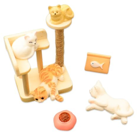 ROKZELT 7 Stücks Haustiere Puppenhaus Zubehör - Wichtel Zubehör - für die ganze Puppenfamilie für Puppenhäuser, Ergänzung zum Puppenhaus aus Holz mit den fröhlichen Tierfreunden Katze, für Kinder