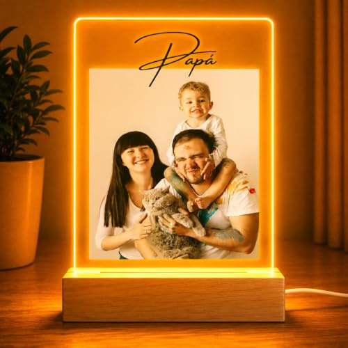 Lampara Personalizada Papa, Regalos Personalizados para Hombre y Mujer, Placa Metacrilato Luz LED y Base Madera USB, Lampara Personalizada con Foto, regalo Cumpleaños, Navidad, Boda, Aniversario