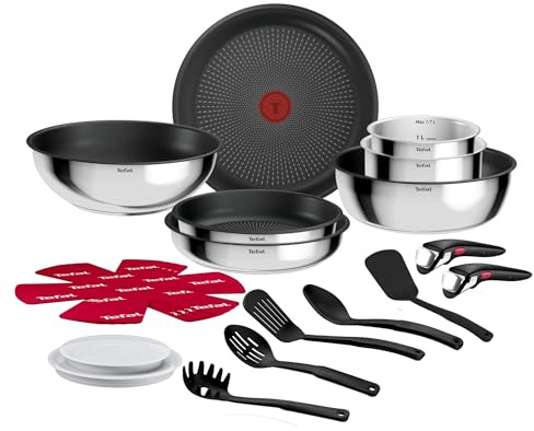 Tefal - Ingenio Comfort Max Batterie de cuisine - 20 pièces - Inox | Set de casseroles et poêle empilables - Poignée amovible brevetée - Revêtement Titanium - Compatible induction et four