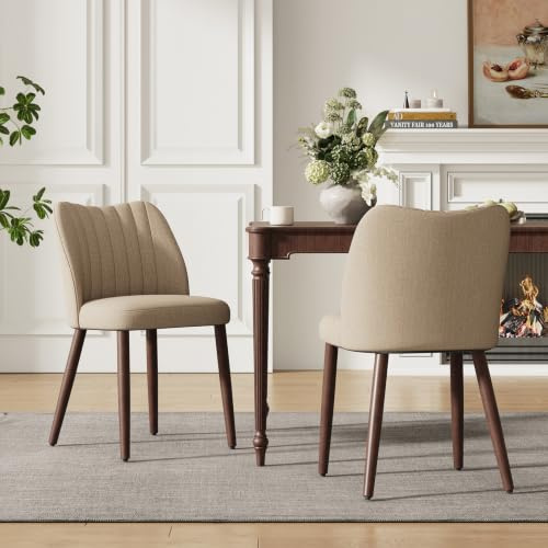 MALOL Upholstered Dining Chairs Set of 2, Fabric Chairs for Dining Room with Solid Wood Legs and Thick Seat Cushion, Modern Kitchen Chair with Anti-Slip Pads, Camel