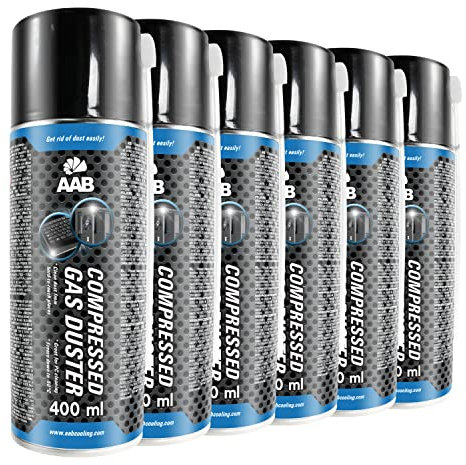 AAB Reinigungsspray 6 x 400ml, Druckluftreiniger, Druckluft aus der Dose, Für Tastatur, PC, Bildschirmen, Spielekonsolen, Kopierer, Computergehäuse, Air Duster, Luft-druck, Reiniger, Pressluft