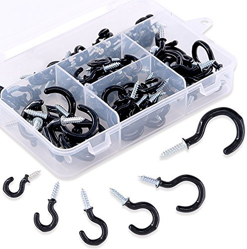 Swpeet 100Pcs Black 6 Sizes Cup Hook Kit, Vinyl Coated Ceiling Screw Mug Holder for Home, Office and Workplace - 1/2, 5/8, 3/4, 7/8, 1, 1-1/4 (Black)