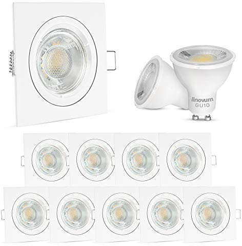 linovum 10er Set LED Deckenspots 230V in weiss eckig starr inklusive 6W GU10 LED neutralweiß (Leuchtmittel ist austauschbar)