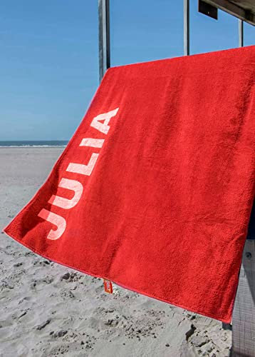 S< S< Strandtuch mit Name - personalisierte Bedrucking - XXL Saunatuch - 10 Farben - 100x200 Handtuch mit Namen aus Baumwolle (Rot)