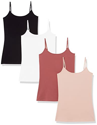 Amazon Essentials Caraco Coupe Cintrée Femme, Lot de 4, Blanc/Noir/Rose Grisé/Rouge Brique, L