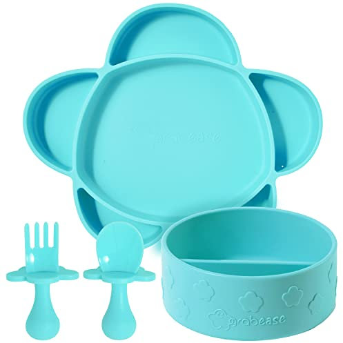 Grabease Ensemble pour l'alimentation des bébés - Bol en silicone, assiette en forme de nuage et ustensiles - Sarcelle, ensemble de 4 pièces