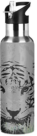 Vnurnrn Kunst Aquarell Tier Tiger Trinkflasche Wasserflasche mit Strohhalm 600ML, Thermosflasche Vakuumisolierte aus Edelstahl 18/8, BPA-frei für Kinder Sport Wandern Schule