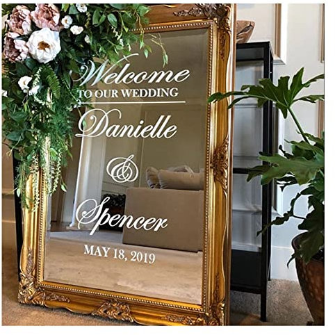Autocollant mural en vinyle pour mariage de style français avec noms personnalisés, panneau de bienvenue en vinyle, décoration de mariage romantique (tableau miroir non inclus) (38 x 57 cm)