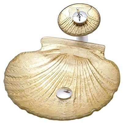 Bathroom Vessel Sink Gold, Shell ShapeArtistic Vessel Sink Tempered Glass, Bathroom Sinks Above Counter, Sink Bowl with Waterfall Faucet and Drain
