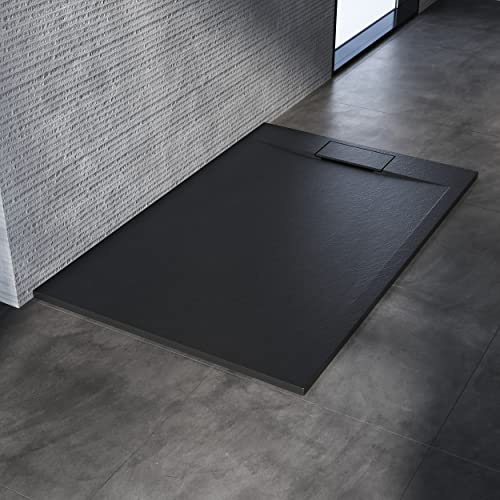 SONNI Duschwanne 140x90 cm, 32 mm Extra Flach, Schwarz, SMC,Inklusive Siphon