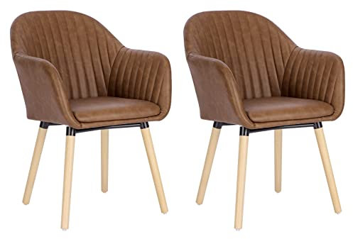 WOLTU Esszimmerstühle 2er Set, für Schlafzimmer Küche Wohnzimmer, Küchenstühle gepolstert mit Armlehne, aus Kunstleder Massivholz, Braun