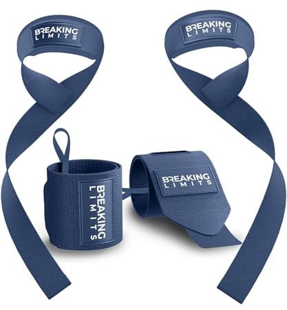 Breaking Limits Set aus Lifting Straps & Wrist Wraps - 2 Handgelenkbandagen, 2 Zughilfen - Krafttraining, Gewichtheben, Kraftsport, Bodybuilding, Krafttraining Powerlifting, Einheitsgröße (Marineblau)