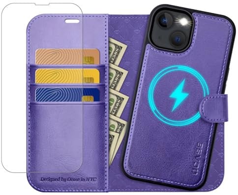 OCASE Hülle iPhone 14 [Abnehmbare magnetische Hülle] [Kabelloses Laden] [Displayschutz] [Kartenfach] Handyhülle RFID Schutzhülle Etui Klapphülle Kompatibel für iPhone 14 Violett